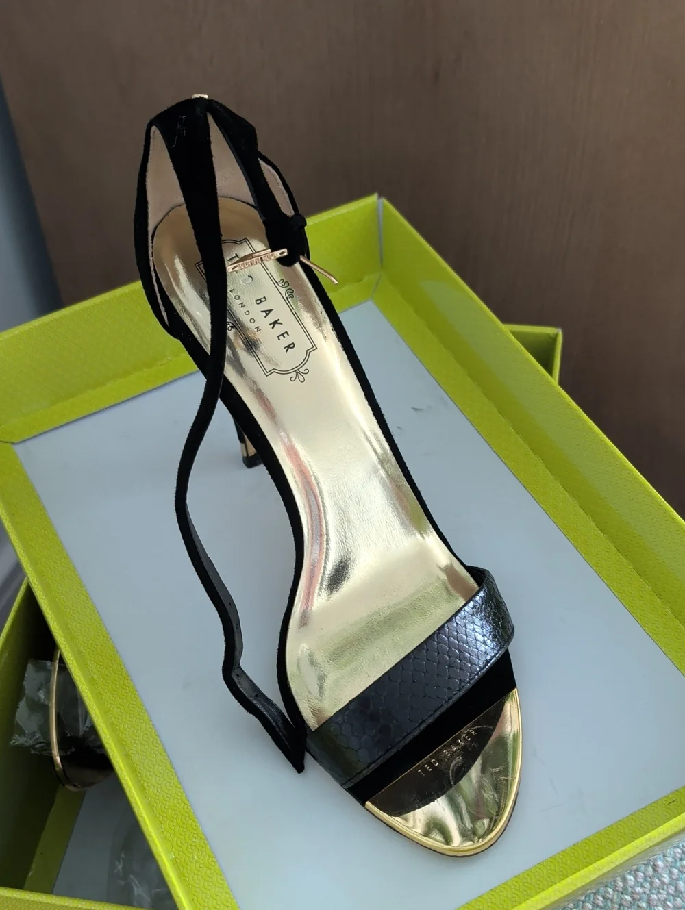 Ted Baker Black and Gold Open-Toe Strappy Heel